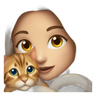 a beautiful girl with brown hair and blue eyes holds a Bengal cat with yellow eyes in her arms sticker