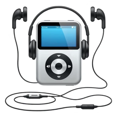 Futuristic iPod emoji with earphones, metallic black and white, smooth reflective surfaces, flat minimal vector design, clean UI style sticker