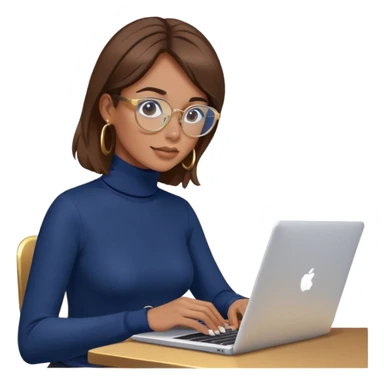 Woman with brown hair wearing navy blue turtleneck, gold hoops and blue screen glasses typing on laptop sticker