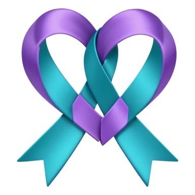 Half of a 3d rendering purple awareness ribbon,  half 3D rendering teal awareness ribbon, that connect together at the top and at the bottom to form a heart shape, 4k, no emoji icons, no emoji faces, must have a transparent background  sticker