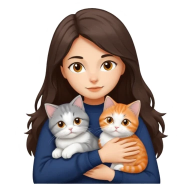 a girl with long dark brown hair, in a navy sweater, hugs a persian peaknose grey cat and persian peaknose orange and white kitten and a persion peaknose brown tabby and white cat sticker