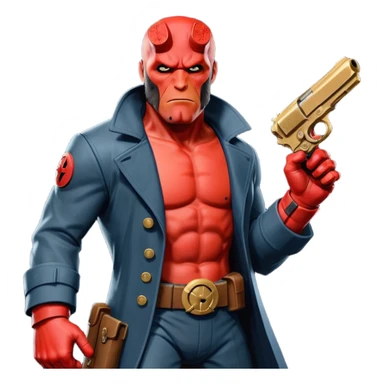 cinematic realistic superhero Hellboy by Mike Mignola jumps with a bronze pistol sticker