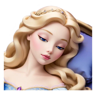 Cinematic Realistic Sleeping Beauty (Aurora) Portrait, with porcelain-like skin featuring a natural rosy flush, illuminated by soft lighting that highlights the gentle contours of her face. Her golden blonde hair flows in soft, detailed waves with subtle highlights that shimmer in the light. Her deep violet-blue eyes radiate warmth and innocence, framed by arched brows and long lashes. Her serene expression exudes quiet elegance. She is dressed in her classic pink gown, the fabric rich in texture with delicate folds that catch the light. A golden crown rests atop her head, gleaming with royal refinement. The portrait captures a soft, glowing aura, blending realism with an ethereal sense of beauty and timeless enchantment. sticker
