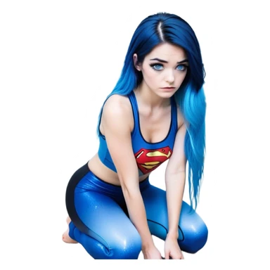 Disapponted-big tears-head back texting on phone-very very large upper body-sexy face-bending forward at waist-very long very straight dark blue to light blue ombre hair-and-blue eyes-thick black eyeliner-long eyelashes-iridescent blue lowcut tanktop with black leggings with glitter superman logo sticker