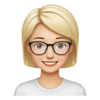 Mujer sonriendo con camisa blanca, color de cabello rubio, cabello corto, color de piel blanca, con gafas sticker