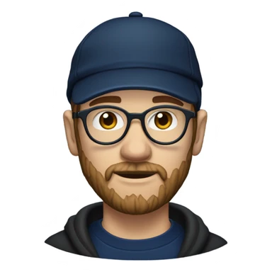 a white dude with a brown beard and sideburns and thin frame glasses wearing a black newsboy hat a navy blue pull over hoodie and dark blue t shirt sticker