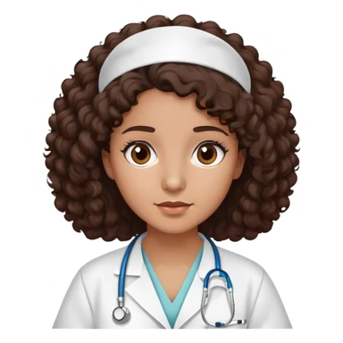 mulher com cabelo cacheado castanho escuro, pele marrom médio, olhos castanhos escuros, usando jaleco hospitalar, sem estetoscópio sticker