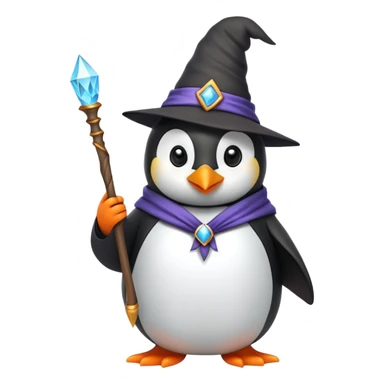 Penguin wearing a wizard hat and robe holding a magic wand sticker