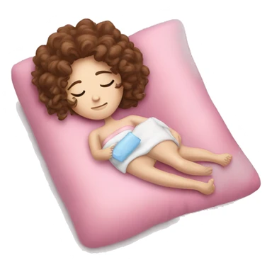 Sleepy girl laying on pink pillow with brown curly hair pale skin  holding and a ice pack sticker