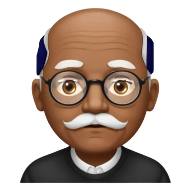 an elderly man with medium-dark skin tone, bald on top with short white hair at the sides, thick white eyebrows, large brown eyes, and wears black-framed glasses.
A small white beard sits above his mouth sticker
