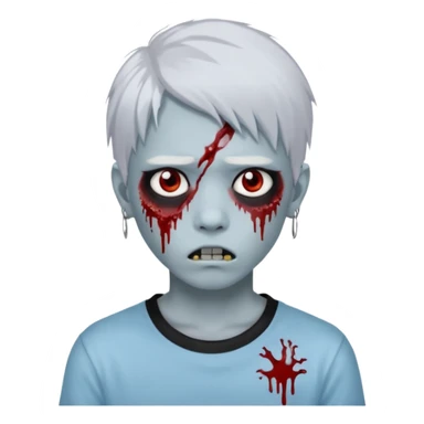 Create a 3D emoji-style avatar with very pale blue-grey zombie skin like the reference image, a young Asian face, and large eyes with blood tears. Give it white mullet-style hair, silver hoop earrings, and a simple black T-shirt. The expression should be neutral or slightly angry sticker