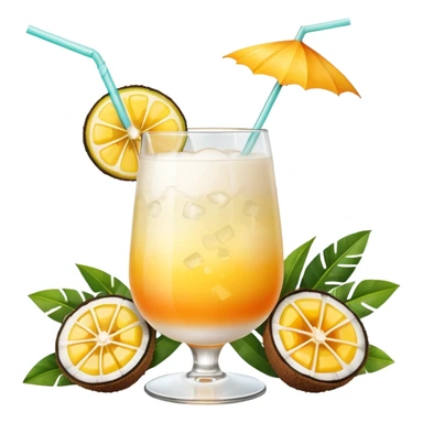 A beautiful cocktail with a creamy white to orange gradient, containing coconut juice and mango, reminiscent of summer. Above, there are tropical flowers, lemon slices, and a straws. sticker