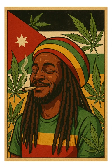 A digital vintage-style poster illustration of a Jordanian Rasta man with dreadlocks, wearing a red, yellow, green striped tam hat. He is smiling peacefully with a lit herbal spliff in his mouth. The background features the official Jordan flag — black, white, green horizontal stripes with a red triangle and a white 7-point star — accurately displayed behind him. Cannabis leaves are tastefully arranged around the composition, and the poster includes Rasta color textures blended with the Jordanian palette. Use a retro poster style with warm, slightly aged textures, bold outlines, and soft shading to evoke a soulful reggae vibe that honors both Jordanian pride and Rasta spirit. The mood is chill, powerful, and respectful sticker