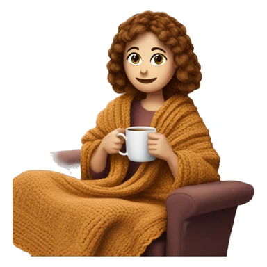26 year old white woman with brown hair and curtain bangs. She is crocheting a garment. She is sat on a chair with a blanket that is in the color of cinnamon on herself. Near her there is a cup of tea. sticker