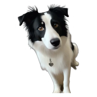 white and black dog with dark eyes happy  short hair mixed breed as border collie 2 years old with sticker