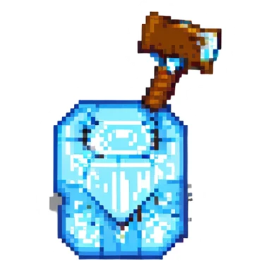 a pixel art pickaxe like in Minecraft game, blue rectangular diamond ore shape, front view sticker