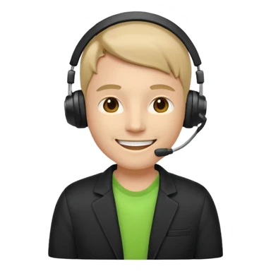 A modern flat emoji depicting a call center employee wearing a light green T-shirt and black jacket, with a headset, a friendly expression, a minimalist design, bright colors, and a white or transparent background. sticker