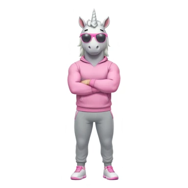 friendly anthropomorphised male white unicorn with a fit, chunky, muscular and strong physique, arms and legs matching the white of the head, wearing grey tracksuit pants and pink jumper, sunglasses, standing with arms folded sticker