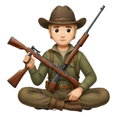 male hunter sitting and holding a rifle, minimal background sticker