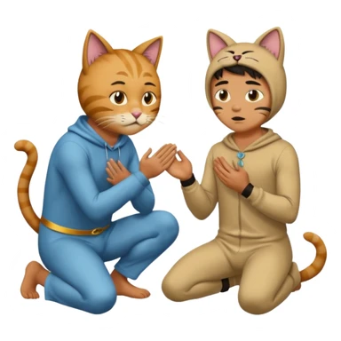 a man begging on his knees i front of another man wearing a cat costume  sticker