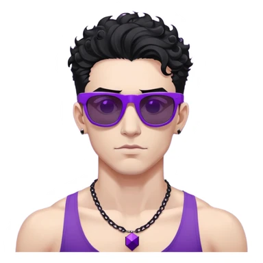shirtless male athlete with white skin and moderately curly black hair on top with shaved sides, wearing sharp angular geometric purple sunglasses with very dark heavily tinted black lenses, and a simple plain black chain necklace, no earrings sticker