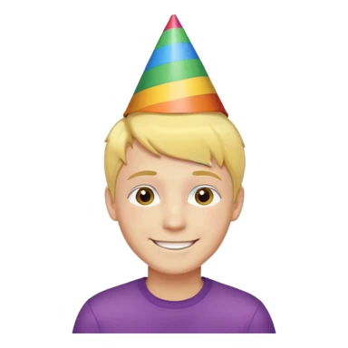 Young man, short yellow hair, rainbow birthday hat, happy sticker