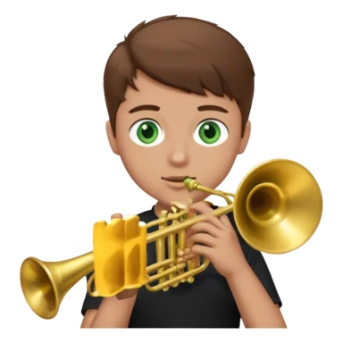 young man with brown hair that goes up, green eyes who plays a trumpet, black t shirt sticker