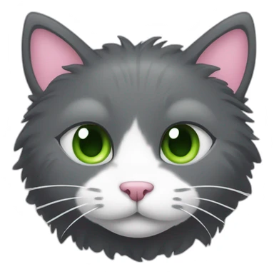 fluffy dark grey cat with pink nose with small grey spot on the right side of the nose, white circle spots near the nose, green eyes and white long whiskers sticker