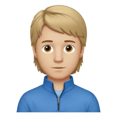 boy with dark blonde hair in a mullet with a neat blue shirt and quarter zip sticker