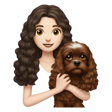pale skin girl with long dark brown hair that had a flower in her hair  holding a black and brown cavalier cavapoo dog  sticker