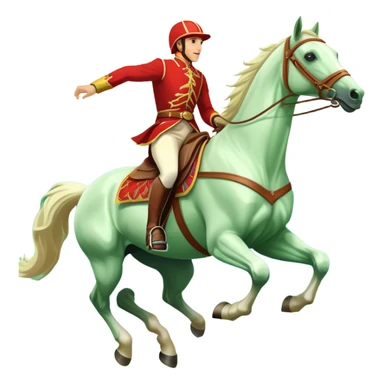 An icon showcasing a majestic horse and rider in full gallop across a lush green field. The background features a clear sky, distant mountains, and a vibrant landscape. The rider wears traditional gear, while the horse leaps with grace and power. Transparent background sticker