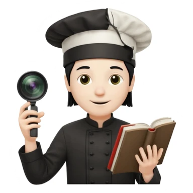 ["A happy man with pale skin, straight hair, wearing a chef hat and no glasses, dressed in goth fashion, is reading a book while holding a camera."] sticker