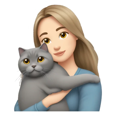 fat British shorthair grey cat hugging long brown hair white woman sticker