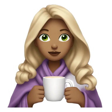 A girl that dark honey blonde hair, green eyes, and is wearing a lilac shirt while wrapped in a cozy blanket sipping a latte sticker