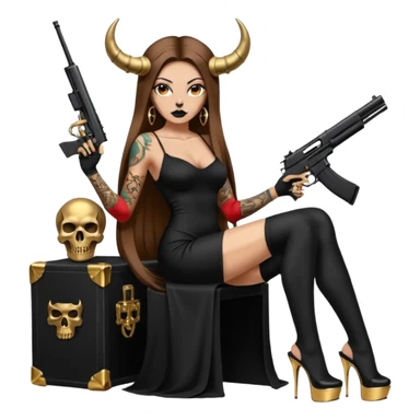 Sensual woman long brown straight haired sexy drug lord woman with tattoos on arm sleeves and black thick butt platform high heels on her feet, and devil black horns on her head, she is holding a skull head and a gun. Sitting on gold cases full of gold , long black dress with sexy slit sticker