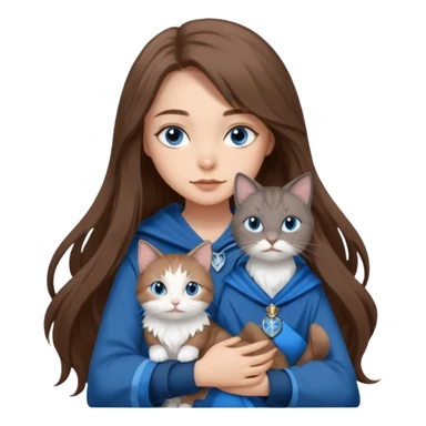 gorgeous Girl with light skin, blue eyes, long brown hair, wears a ravenclaw outfit, with a grey and white cat holding in her arms sticker