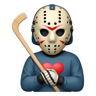 a cartoon image of Jason Voorhees, looking cute, with his hands clasped in front of him, at a sideways angle, looks like he is in love sticker