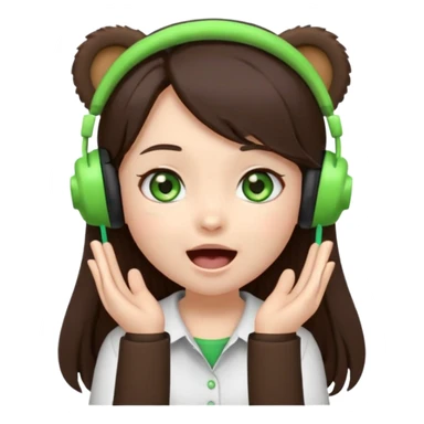 Animated emoji, Chibi girl, long dark brown hair, green eyes, wearing a white shirt and small brown bear ears on a black headset, with wide happy surprised eyes and mouth and clapping excitedly sticker