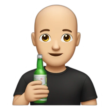 A balding man in a black shirt holds a bottle of alcohol. sticker