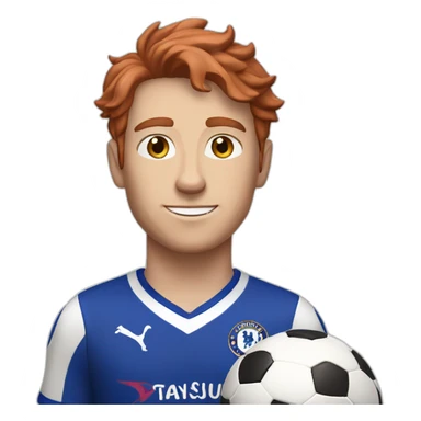 skinny white young man with short and wavy red hair holding a soccer ball and wearing a chelsea FC jersey sticker