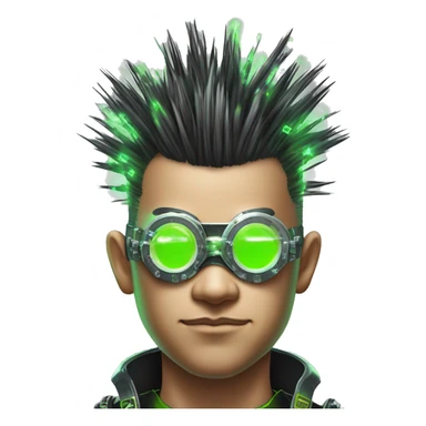 Mohawk hair with neon green highlights Asian male cyborg head with neon silver steampunk goggles and circuits sticker