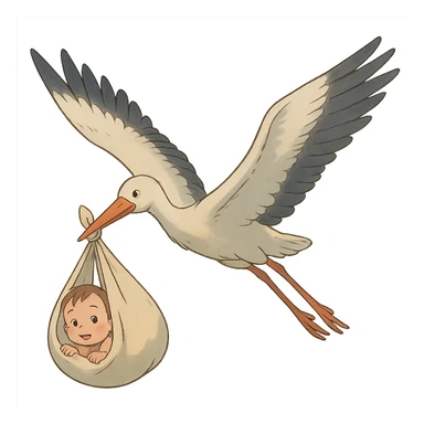 stork flying with a human baby in a bundle, ghibli style sticker