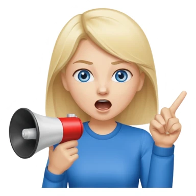 blue eyes blonde girl yelling into megaphone and holding up 1 finger in the other hand siling sticker