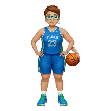 Full Body plus size white female basketball player with short medium brown hair with carmel highlights spikey hair wearing blue glasses 
 wide nose wearing blue green uniform  green sneakers smiling wearing silver hoop earrings sticker