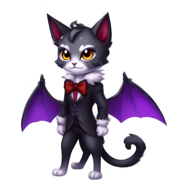 Anthro-Cute-Edgy-Vampiric-Batty-Cat-Black-Purple-Red-Grey-White-Yellow-Contrast-Colors-Fantasy-Fur-Sona-Chibi-Shiny-Fakémon-Hybrid with horns and big fangs collar bow ties leg spats full body sticker