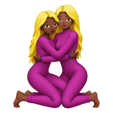One figure is dark magenta and is kneeling.
	•	The other figure is yellow with long hair and is being held, with their arms around the magenta figure’s neck.
	•	The yellow figure’s legs wrap around the magenta figure’s waist, suggesting a close, intimate embrace. sticker