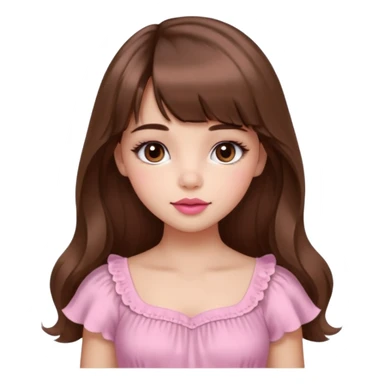A cute girl with medium skin, soft pinkish cheeks, large bambi dark hazel eyes with long eyelashes, long wavy brown hair with bangs, medium straight nose with a soft tip, medium natural red lips, very feminine and pretty features, wearing a beautiful pink dress.l sticker
