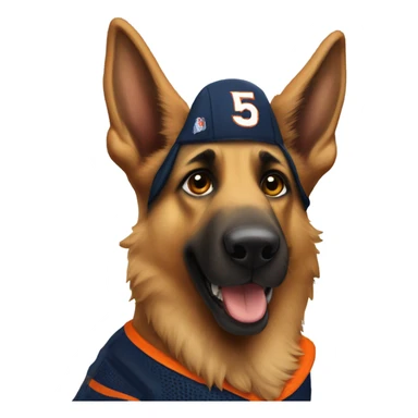 German Shepard with broncos jersey Number 15 on shoulder sticker