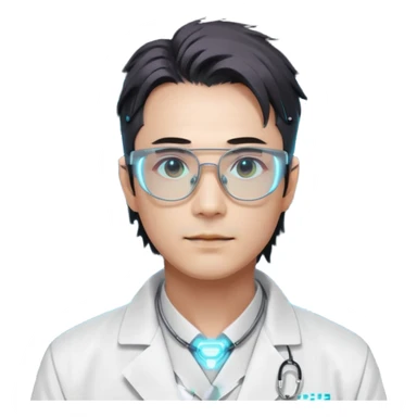 Cyberpunk scientist, Japanese male, high-tech glasses, glowing data reflection on lenses, lab coat collar, neural interface on temple, white neon lighting sticker