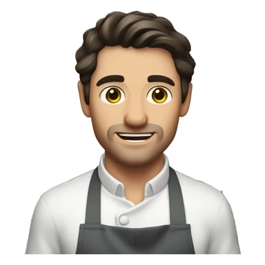 Handsome strong white man with dark hair in kitchen with apron sticker